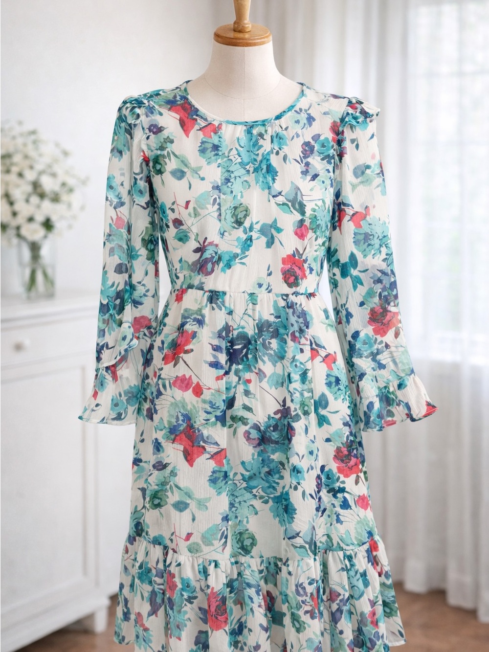 Calvin Klein White Floral Midi Dress with Teal and Coral Accents